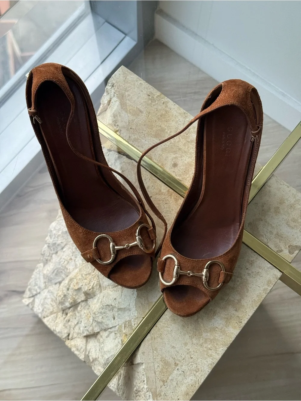 Gucci Brown Suede Peep-Toe Wedge Sandals with Gold US 7.5